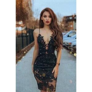 NADINE MERABI Sz S Small Black Lace Sheath Odessa Dress NWT